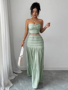 Elenzga petite Bộ áo croptop và chân váy xòe bằng vải jacquard dệt kim màu xanh lá cây, thiết kế độc đáo, thanh lịch và tinh tế, phù hợp cho sinh nhật, hẹn hò, tiệc tùng, các dịp trang trọng, mùa xuân. - màu xanh lá - Xem 7