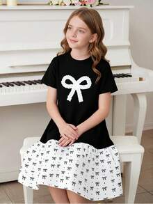 SHEIN Cute Black And White Summer Dress For Tween Girl,Back-To-School School Wear,Short-Sleeve Loose Fit With 3D Ruffled Bow And Mini Bow Print Ruffled Hem - Black - View 7