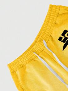 Manfinity Roghcode Plus Size Men's Casual Yellow Summer Streetwear City Break Knit Shorts,Letter & Star Pattern,Elastic Waistband With Drawstring,Pockets,Emo 2000s Style - Yellow - View 3