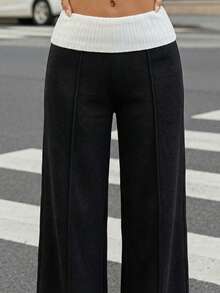 SHEIN 少女休闲返校复古日常穿搭 Y2K 罗纹针织白色翻边裤法式灰色喇叭裤 - 黑色 - 查看 4