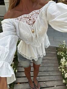 DAZY Cotton Lace Patchwork Waist Vacation Shirt, Suitable For Beach Party, Holiday, Easter, Spring & Summer - White - View 8