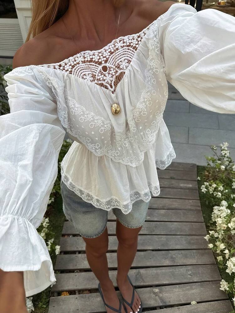 Cotton Lace Patchwork Waist Vacation Shirt, Suitable For Beach Party, Holiday, Easter, Spring & Summer