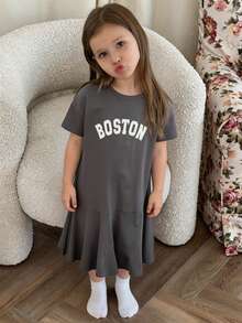 DAZY Tween Girls Round Neck Letter Print Short Sleeve Knit Dress, Fall Summer - Grey - View 3