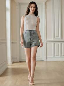 Anewsta Fashionable Lace Waistband Studded Denim Shorts - Blue - View 4