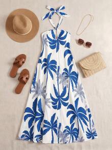 DreamSkyne Vestido de flores con cuello de halter para vacaciones en tallas grandes - Neblina azul - Ver 3