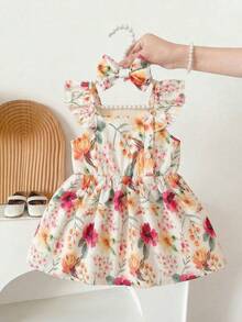SHEIN 2pcs Baby/Toddler Girls' Summer Sleeveless Watercolor Floral Print Dress And Headband Set Birthday Purple Floral Cute - Multicolor - View 1