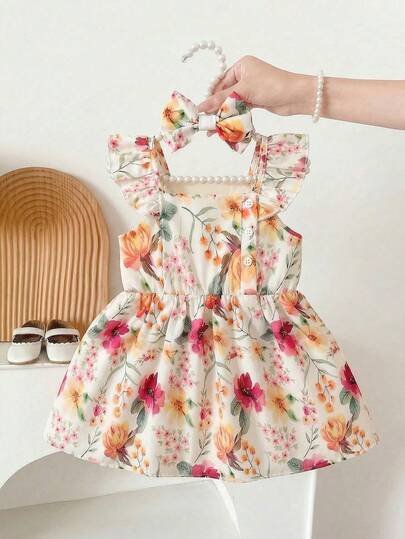 SHEIN Bộ 2 món váy và băng đô không tay in họa tiết hoa màu nước cho bé gái mùa hè.