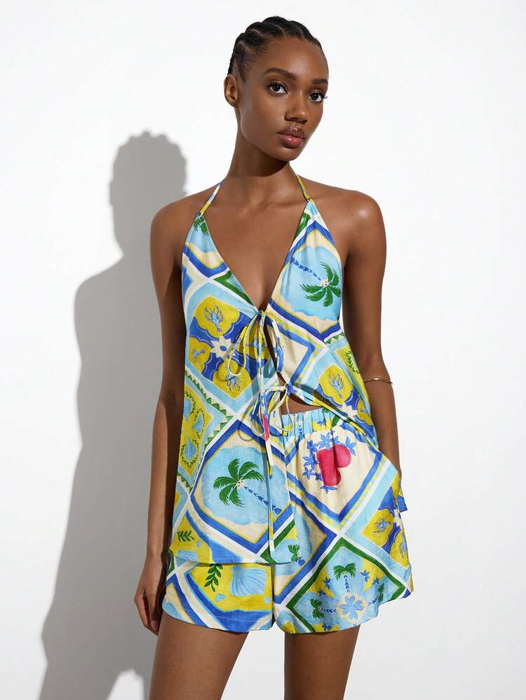 SHEIN Maija Women's Colorful Printed Tie-Up Halter Top And Shorts 2 Pieces Set, Summer Sets, Summer Clothes, Summer Outfits, Spring Outfit , Spring Sets Women , Festival Sets , Elegant Party Sets, Beach Sets , Beach Outfit For Women ,Beach , Casual Sets For Women , Casual Women's Sets, Holiday Outfits For Women, Vacation Outfits For Women, Holiday