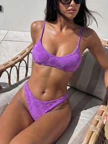 Bonvoyette Bộ 2 món đồ bơi nữ thời trang thường ngày, họa tiết vỏ sò màu tím, áo bơi có dây đeo điều chỉnh được và quần bơi cạp cao, thích hợp cho mùa xuân/hè. - Màu tím - Xem 2