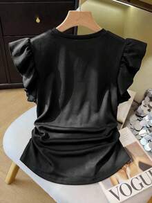 SHEIN 优雅通勤风荷叶边下摆短款T恤，适合青少年女孩 - 黑色 - 查看 2