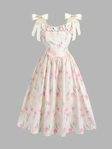 SHEIN Đầm maxi in hoa mùa hè cho bé gái tuổi teen - Màu be - Xem 7