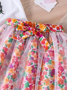 少女卡通印花T恤和碎花网纱裙两件套 - 彩色 - 查看 8