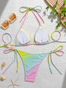 Swim Mod 刺绣夏季新款挂脖吊带女士泳衣渐变花卉串珠三角比基尼套装，沙滩度假泳装 - 彩色 - 查看 2