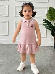 SHEIN 女婴休闲家居套装甜美可爱彩虹条纹纽扣开领无袖拼接荷叶边A字连衣裙T恤裙Polo衫裙 - 粉色 - 查看 3