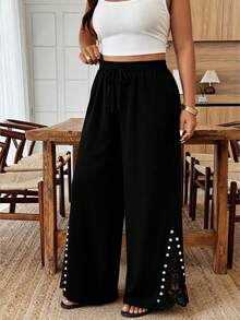 Breezaya Plus Size Women Solid Color Elastic Waist Pocket Faux Pearl Decor Wide Leg Pants - Black - View 3