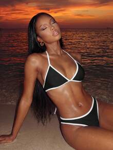 Vaytide Set Bikini Phối Màu Viền Trên Và Dưới Riêng Biệt Đi Biển Mùa Hè - Đen và trắng - Xem 4