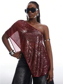 LYSMO Áo kiểu nữ cỡ lớn màu trơn đính sequin, vạt bất đối xứng - Màu Đỏ Sâu - Xem 6