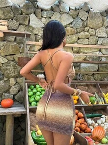 SHEIN SunnyBelle Đầm hai dây ngắn dệt kim đính cườm kiểu ombre dành cho nữ - Cà phê nâu - Xem 2