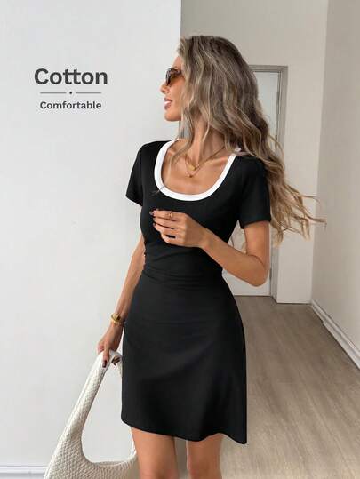 Easowa Square Neck Contrast Trim Ruched Waist A-Line Short Sleeve Casual Loose Elegant Commuter Vintage Style Summer Dress For Women Dresses For Woman Cotton Women's Dress Cotton Women's Clothes Gothic Cotton Office Dresses For Woman Office Women Casual Dresses Cotton Women's Dress Casual Dress For Women Black Cotton Dress Short Sleeve Dress Women's Casual Summer Dress Free Shipping New Arrival Dress Latest Dress Black Dress For Women Ootd For Women