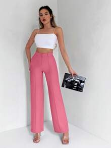 EURMUSE High Waist Seam Detail Straight Leg Suit Pants - 玫紅色 - 查看 4