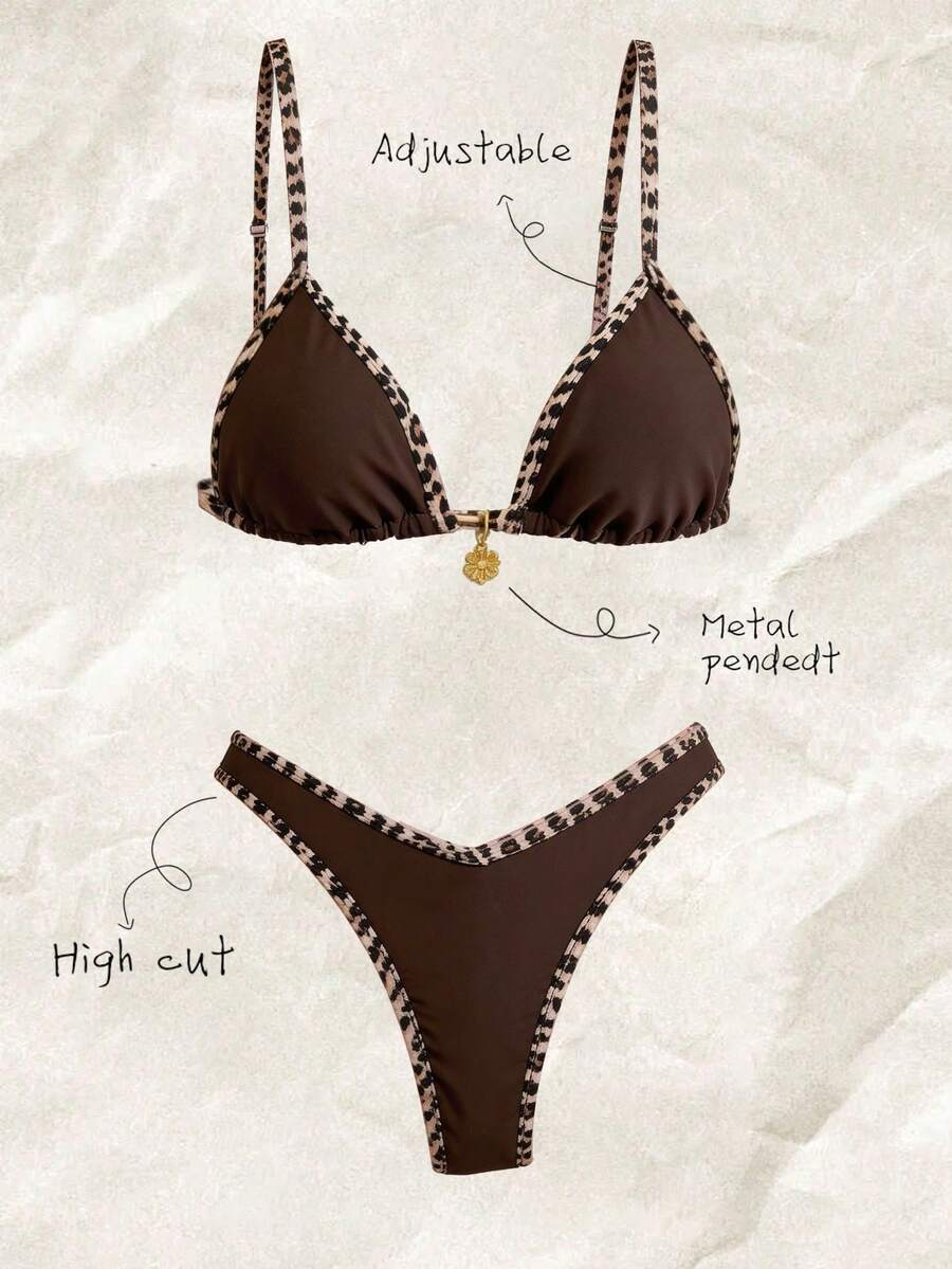 Elavelle Bikini con corte alto y ribete de estampado de leopardo - Marrón - Ver 1