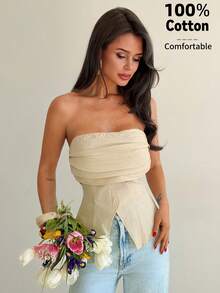 Firerie Neue gemütliche ärmelloser Wickel Crop Top für Frauen, Off-Shoulder Shirts, Off-Shoulder Top in Grau, modisch und lässiger Streetwear, Herbst Damen Sommer - Aprikosenfarben - Übersicht 6