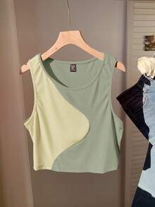 Comfortcana Áo tank top cỡ lớn cổ tròn phối màu tương phản, kiểu dáng thường ngày, thích hợp cho mùa hè. - màu xanh lá - Xem 5