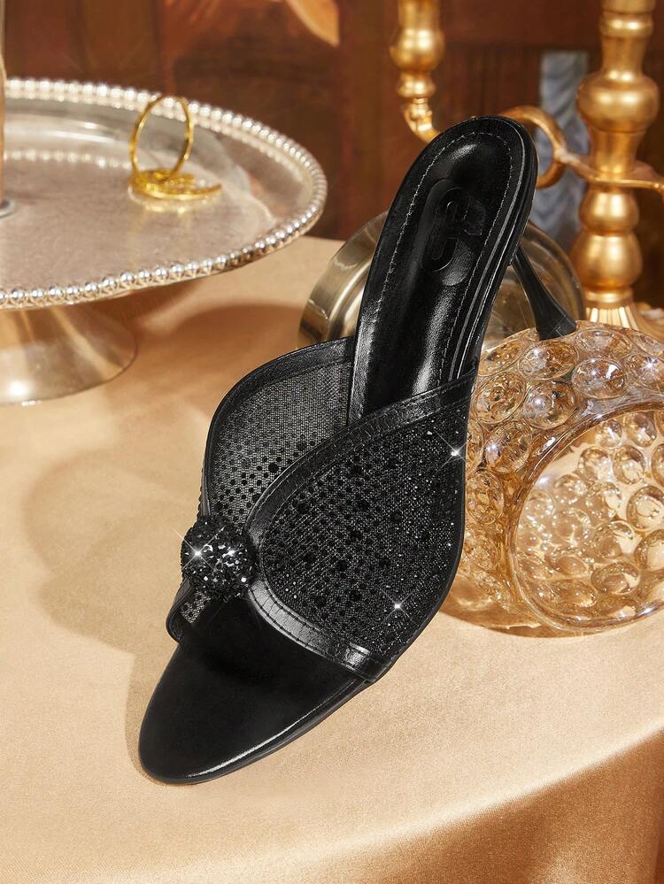 CUCCOO TILAWA Women Shoes Round Toe Stiletto Black Mesh Full Diamond Slip-On Open Toe Women's High Heel Sandals Slippers With Skirts Fashion Gorgeous Banquet Party Women's Sandals Women's Shoes