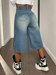 DAZY Damen Lässige Alltags Mode Straßen Stil Hohe Taille Weite Bein 3/4 Länge Jeans Shorts Y2k Jorts - Blau - Übersicht 2