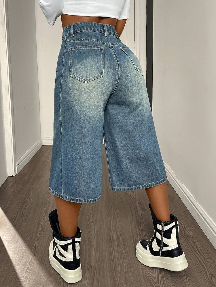 Women's Casual Daily Commute Fashion Street High Waist Loose Wide Leg 3/4 Length Denim Shorts Y2k Jorts