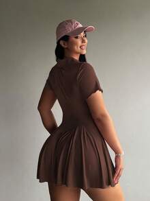 Flirla Plus Size Solid Color Pleated Minimalist Casual Collared Short Sleeve Dress - Brown - View 2