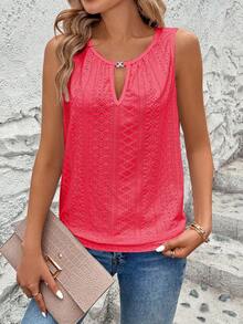 Breezaya Vestă elegantă pentru femei, culoare solidă, jacquard, brodat, perforat, cu guler rotund, cu decupaj metalic - roșu - Vizualizare 4