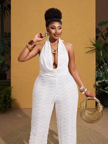 Maweii Plus Size Lace Halter V-Neck Backless Casual Jumpsuit - White - View 2