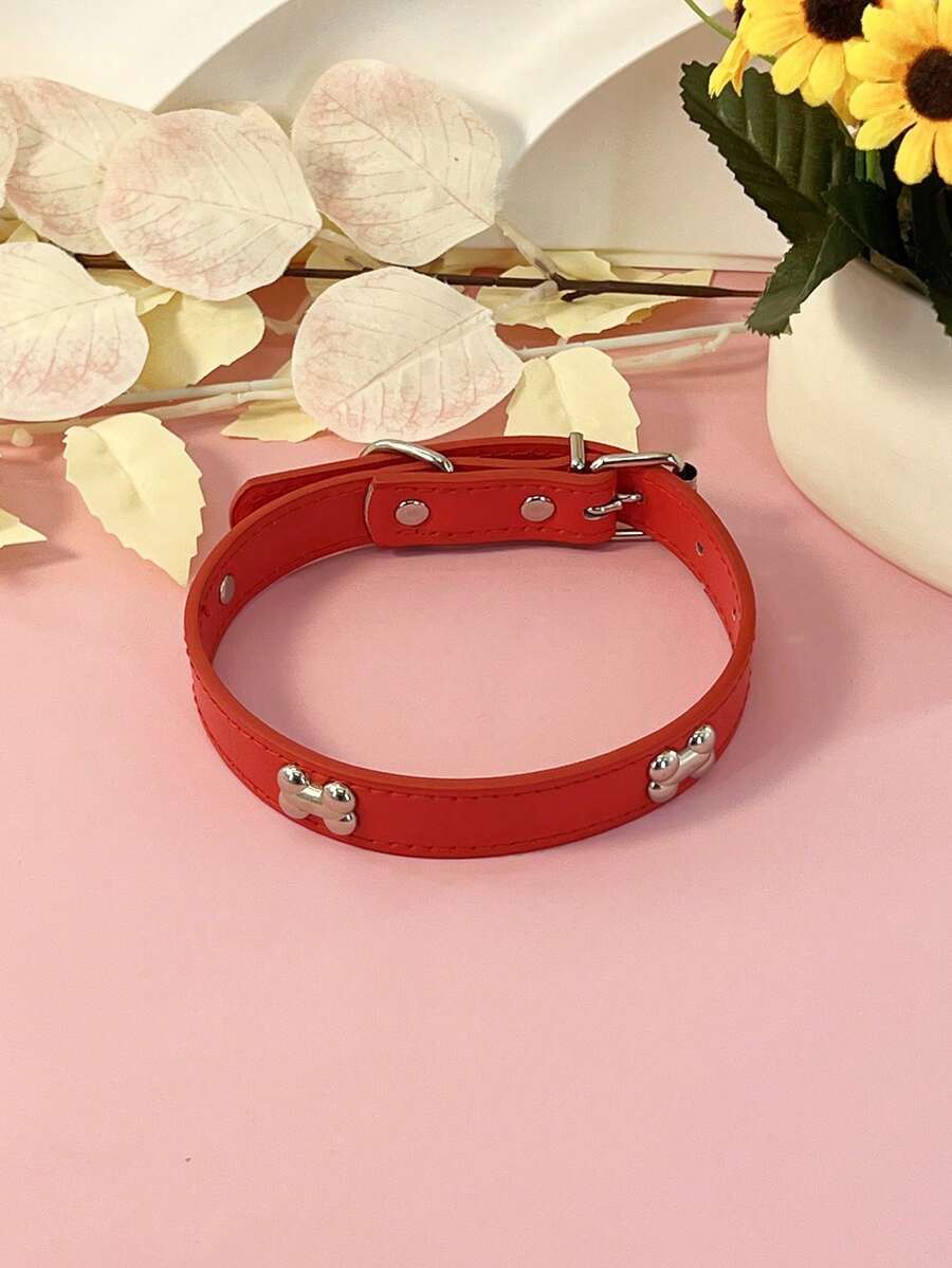 Pet Supplies, Dog Collar, Punk Style Pu Leather Bone Shaped Neckband, Multiple Colors, For Large, Medium, Small Dogs - Red - View 1