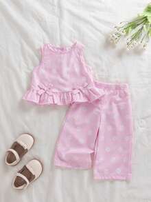 SHEIN Vintaside Kids 两件套女婴夏季时尚简约可爱蓝白格子印花背心上衣，饰有蝴蝶结，搭配同款格子印花裤子，适合户外、上学、旅行穿着。 - 粉色 - 查看 1