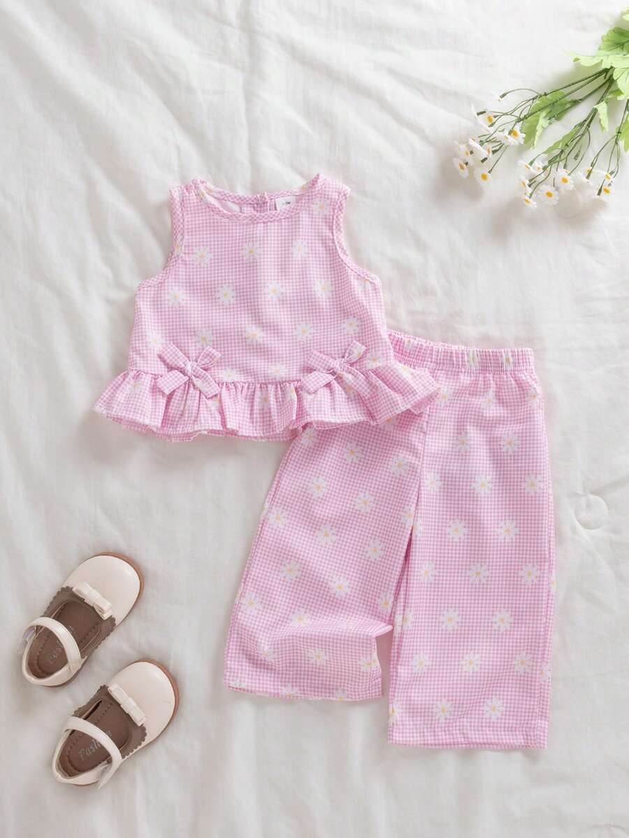 SHEIN Vintaside Kids 两件套女婴夏季时尚简约可爱蓝白格子印花背心上衣，饰有蝴蝶结，搭配同款格子印花裤子，适合户外、上学、旅行穿着。 - 粉色 - 查看 1