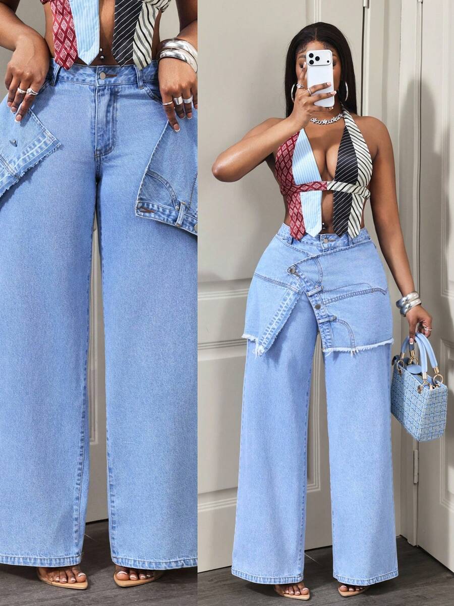 Slaydiva Quần jean denim tua rua thời trang thường ngày dành cho nữ - Màu xanh lam - Xem 1