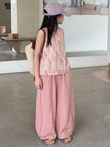 Bộ áo và quần không tay họa tiết hoa nhí cho bé gái tuổi teen, trang phục mùa thu. - Hồng - Xem 5