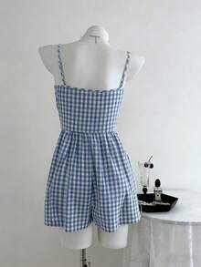 Franclia 女士吊带格子连体裤，腰部收紧 - 藍白色 - 查看 2