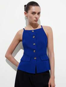 Aveloria Modichic New Arrival Elegant Off-Shoulder Button Decor Cropped Women Top - Royal Blue - View 3
