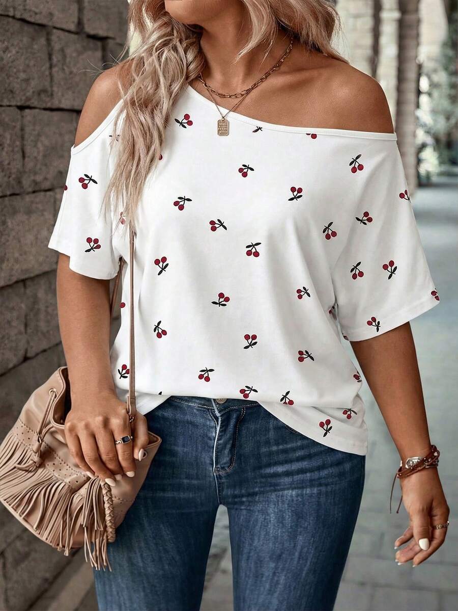 EMERY ROSE New Hot Selling Diagonal Shoulder Cherry Casual Women's T-Shirt - Multicolor - View 1