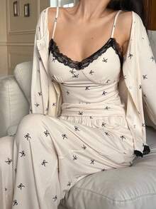 DAZY 3pcs/Set Bow Allover Print Colorblock Lace Patchwork Camisole Top & Robe And Pants Sleepwear Pajama Set, Spring, Fall Winter Clothes - White - View 3