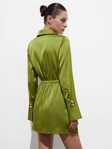 Aveloria Modichic Women's Elegant Lime Green Satin Dress,Autumn Slim Fit Ruched Design Button Up Lapel V-Neck Flare Sleeve Short Green Wedding Guest Dress For Brunch - Green - View 6