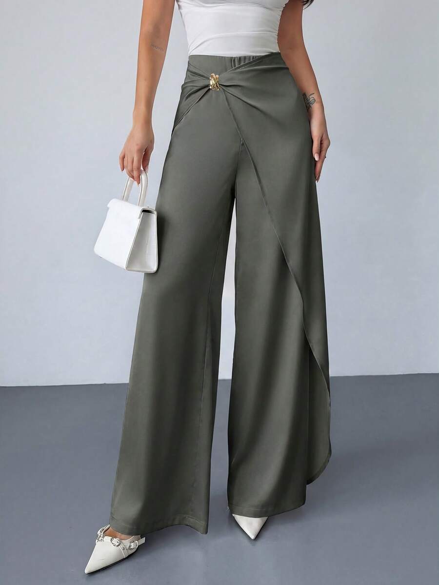 Firerie 女士优雅休闲都市通勤办公装，白色缎面中腰裹身裙裤，金属扣饰，宽松阔腿裤，教师装，机场装，新款春夏秋冬女士裤装，约会，度假，休闲，时尚百搭 - 灰色 - 查看 1