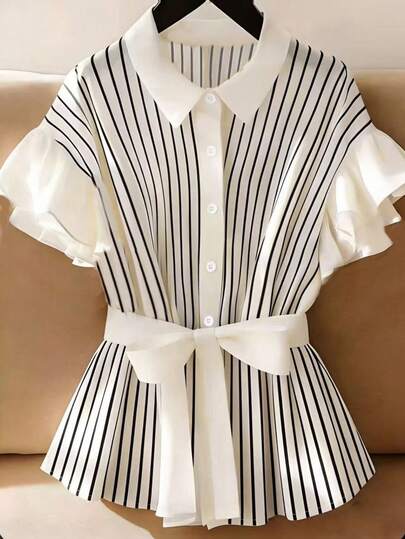 Franclia French Collar Drop-Shoulder Striped Belted Ruffle Flare Sleeve Women's Shirt, Suitable For Spring, Summer, Autumn, Winter, Suitable For Dates, Elegant Casual, Commuting, Fashion, Daily Casual Wear, Beach, Birthday, Women's Striped Patchwork Top