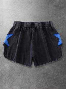 ROMWE MEN Street Life 男士休闲撞色星形印花短裤，夏季 - 黑色 - 查看 2