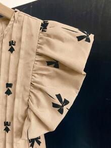 SHEIN Áo kiểu tay ngắn cổ tròn dáng rộng in nơ cho bé gái tuổi teen - Màu Khaki - Xem 10