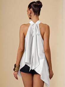 SHEIN BAE Elegant White Satin Halter Neck Backless Loose Maxi Dress,Summer Party Wedding Guest Beach Holiday,Spring Autumn Evening Christmas Halloween Top - White - View 2