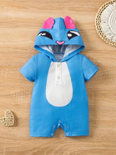 SHEIN Áo liền quần có mũ trùm đầu bằng len màu xanh dương, họa tiết hoạt hình dễ thương mùa hè cho bé trai/bé gái, tai 3D.