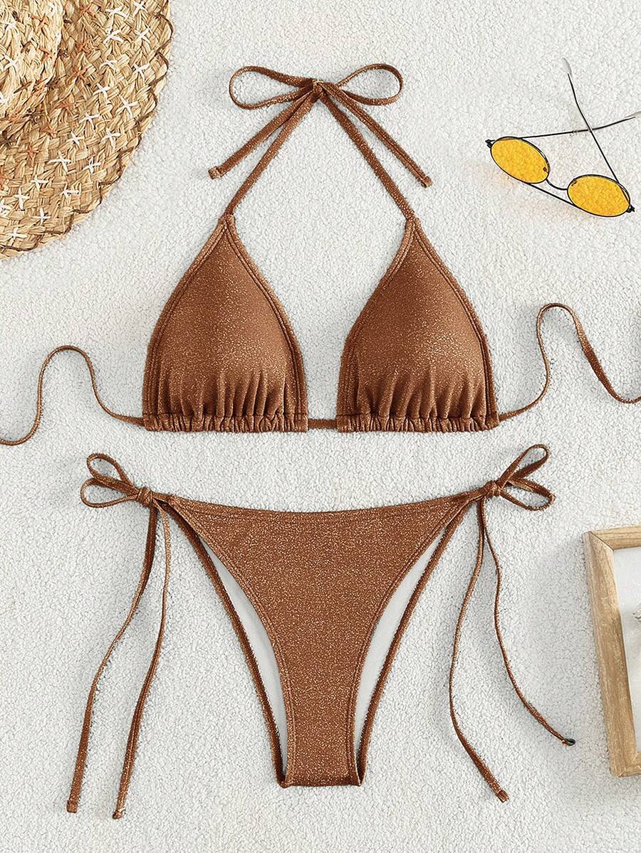 Swim Mod Conjunto de bikini de unicolor para vacaciones en la playa - Café integral - Ver 1